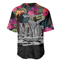 Personalised Hawaii Baseball Jersey Humpback Whale Tattoo With Tropical Flowers Black LT14 - Polynesian Pride