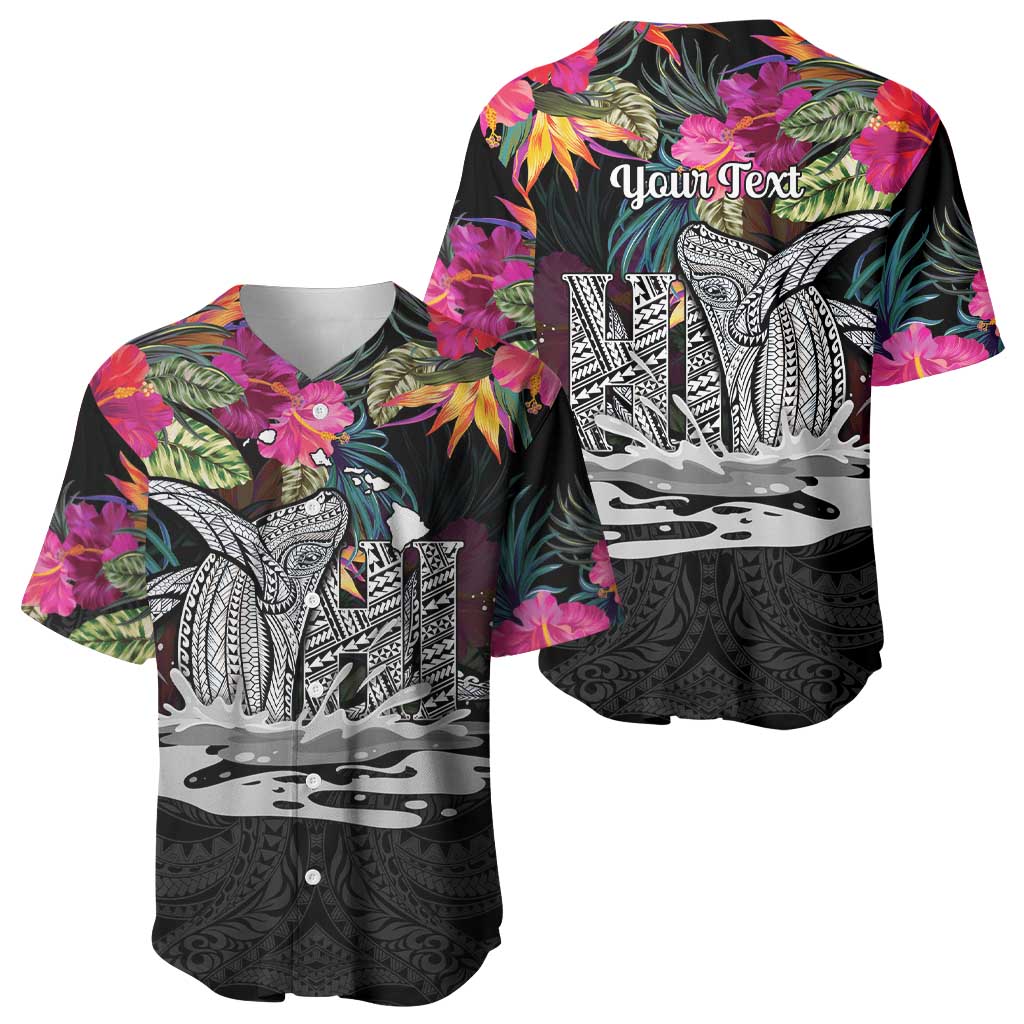 Personalised Hawaii Baseball Jersey Humpback Whale Tattoo With Tropical Flowers Black LT14 - Polynesian Pride