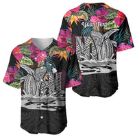 Personalised Hawaii Baseball Jersey Humpback Whale Tattoo With Tropical Flowers Black LT14 - Polynesian Pride