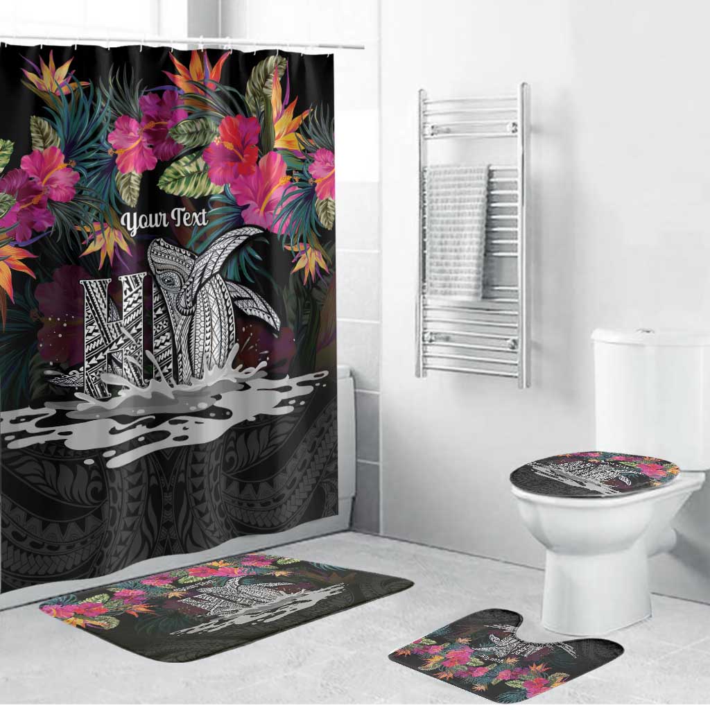Personalised Hawaii Bathroom Set Humpback Whale Tattoo With Tropical Flowers Black LT14 Bathroom Set (4 pcs) Black - Polynesian Pride