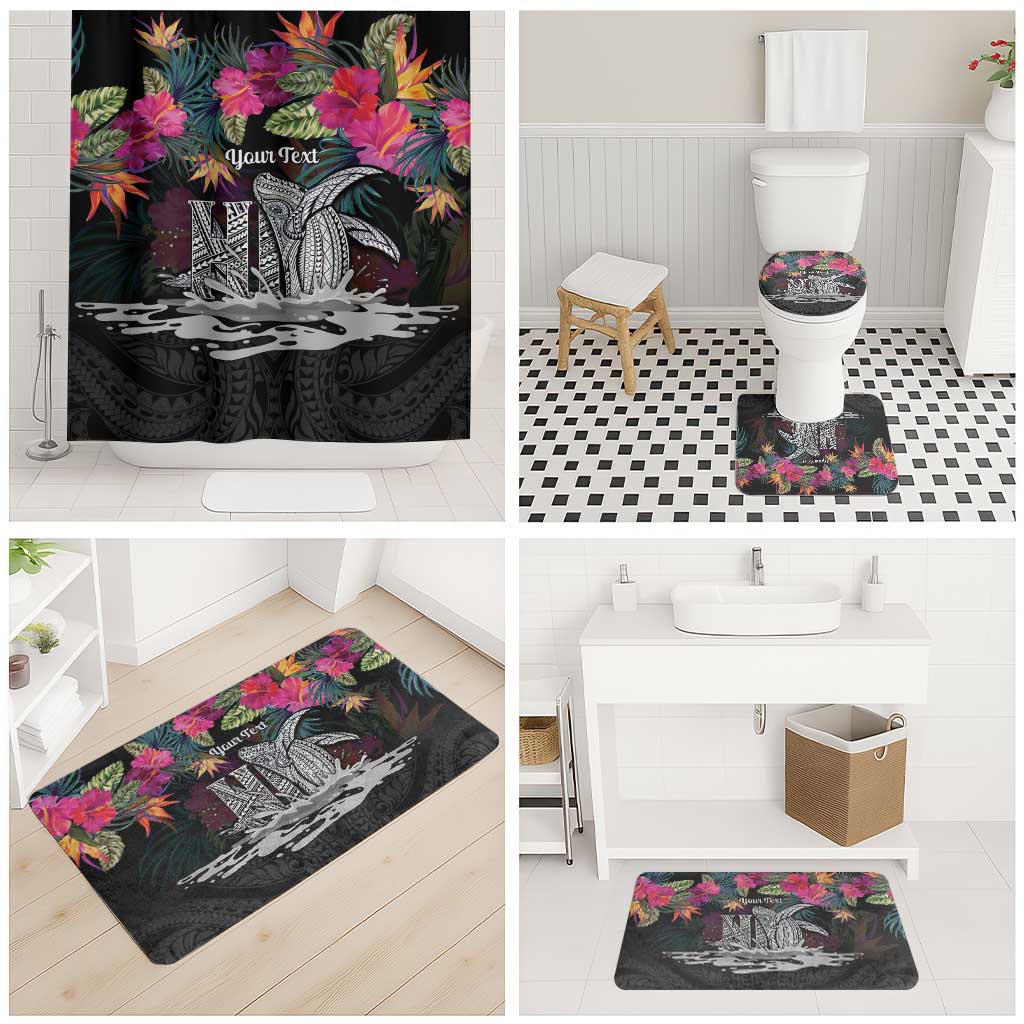 Personalised Hawaii Bathroom Set Humpback Whale Tattoo With Tropical Flowers Black LT14 - Polynesian Pride