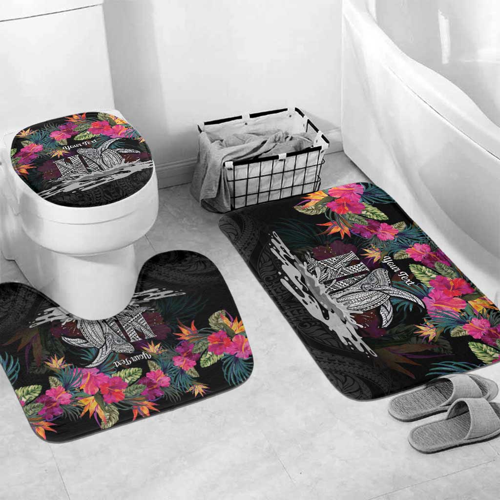 Personalised Hawaii Bathroom Set Humpback Whale Tattoo With Tropical Flowers Black LT14 Mat Set Only (3 pcs) One Size Black - Polynesian Pride