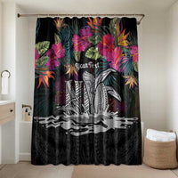 Personalised Hawaii Bathroom Set Humpback Whale Tattoo With Tropical Flowers Black LT14 Shower Curtain Only Black - Polynesian Pride