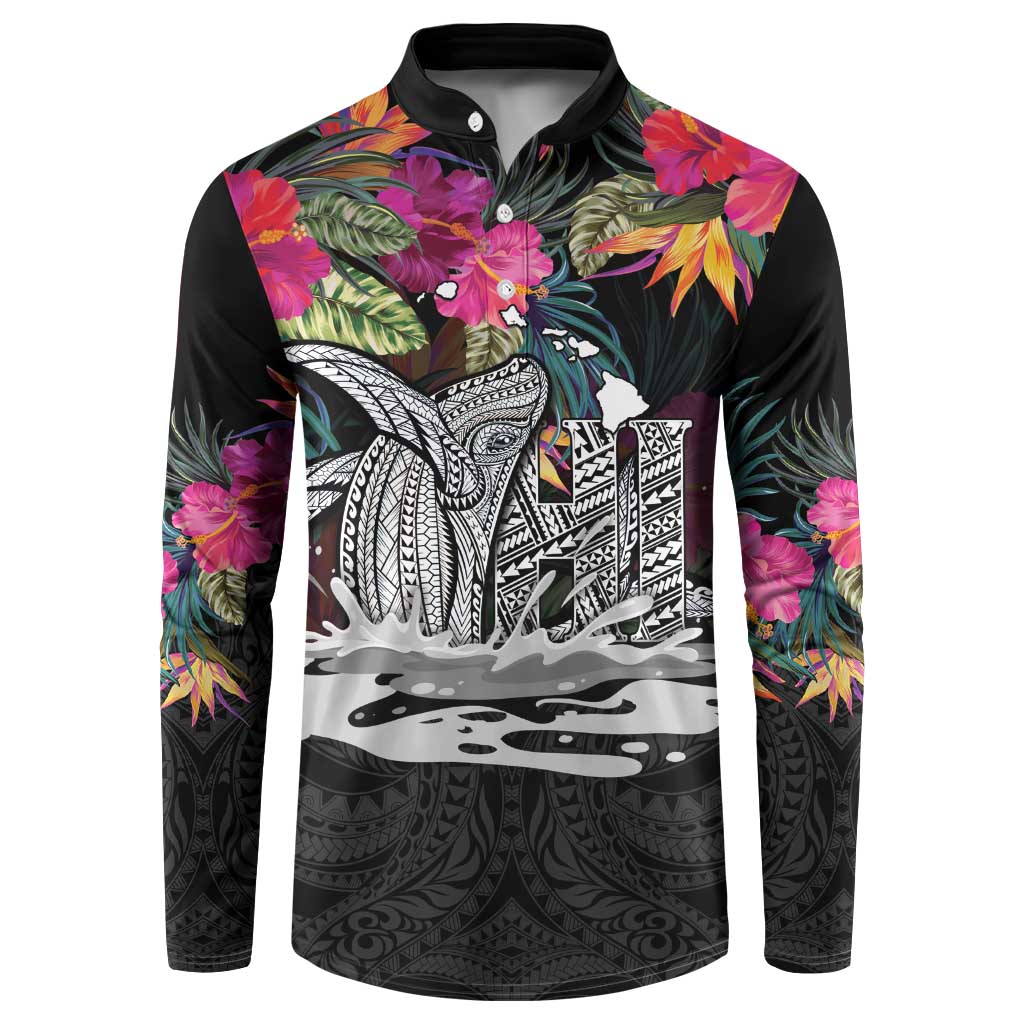 Personalised Hawaii Button Sweatshirt Humpback Whale Tattoo With Tropical Flowers Black LT14 Black - Polynesian Pride