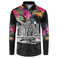 Personalised Hawaii Button Sweatshirt Humpback Whale Tattoo With Tropical Flowers Black LT14 Black - Polynesian Pride