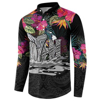 Personalised Hawaii Button Sweatshirt Humpback Whale Tattoo With Tropical Flowers Black LT14 - Polynesian Pride