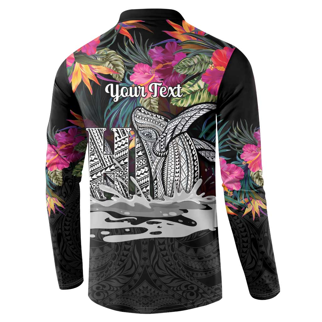 Personalised Hawaii Button Sweatshirt Humpback Whale Tattoo With Tropical Flowers Black LT14 - Polynesian Pride