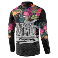 Personalised Hawaii Button Sweatshirt Humpback Whale Tattoo With Tropical Flowers Black LT14 - Polynesian Pride