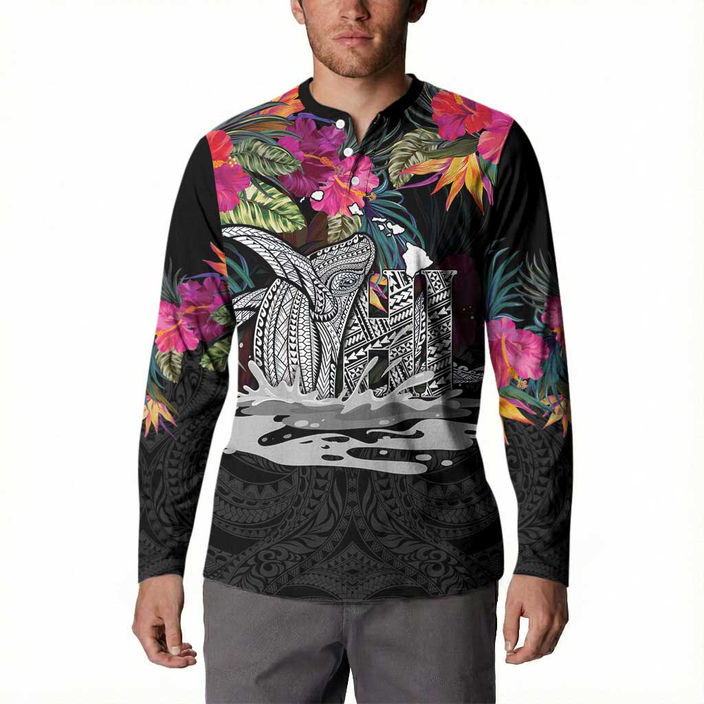 Personalised Hawaii Button Sweatshirt Humpback Whale Tattoo With Tropical Flowers Black LT14 - Polynesian Pride