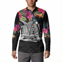Personalised Hawaii Button Sweatshirt Humpback Whale Tattoo With Tropical Flowers Black LT14 - Polynesian Pride