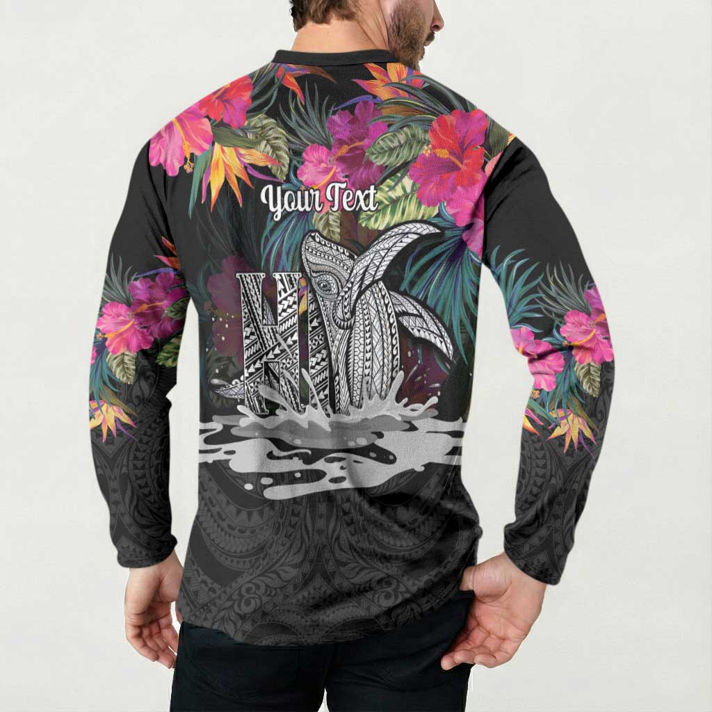 Personalised Hawaii Button Sweatshirt Humpback Whale Tattoo With Tropical Flowers Black LT14 - Polynesian Pride