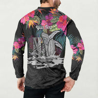 Personalised Hawaii Button Sweatshirt Humpback Whale Tattoo With Tropical Flowers Black LT14 - Polynesian Pride