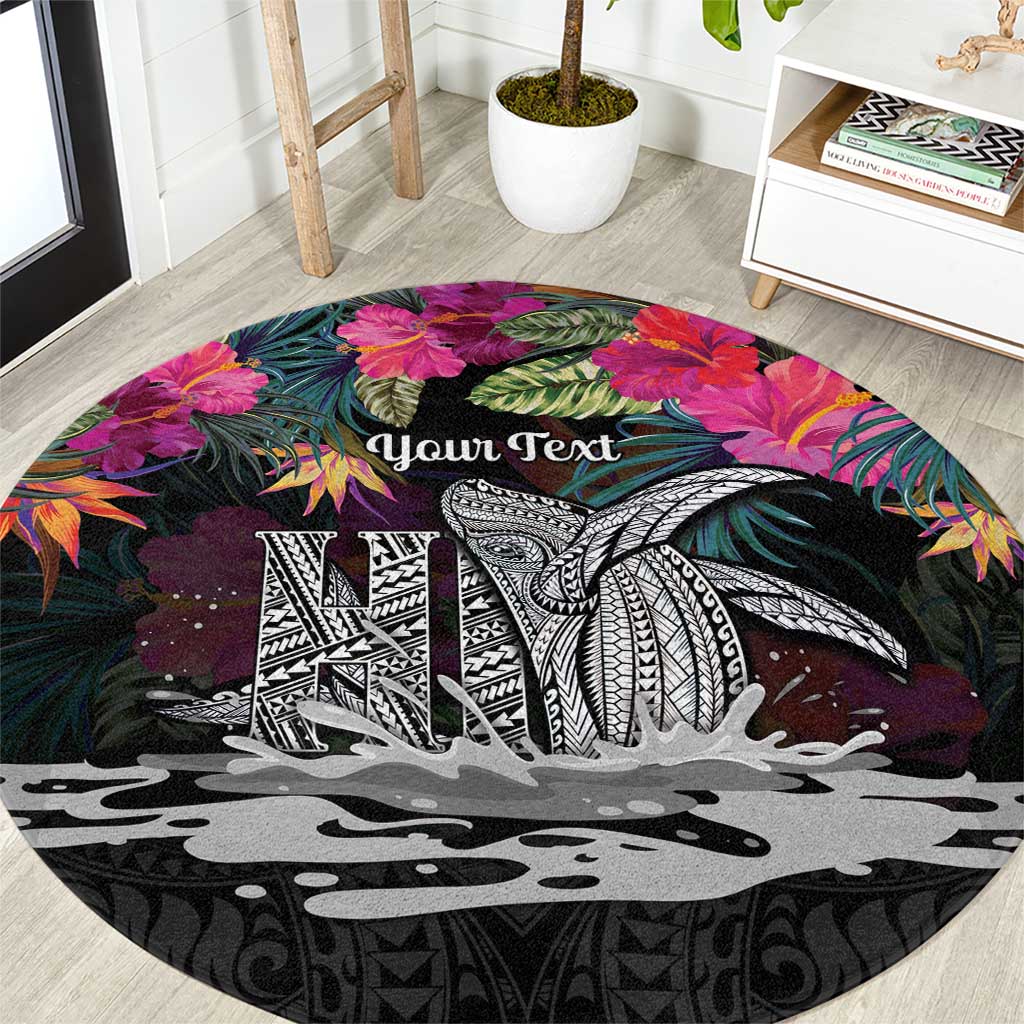 Personalised Hawaii Round Carpet Humpback Whale Tattoo With Tropical Flowers Black LT14 Black - Polynesian Pride