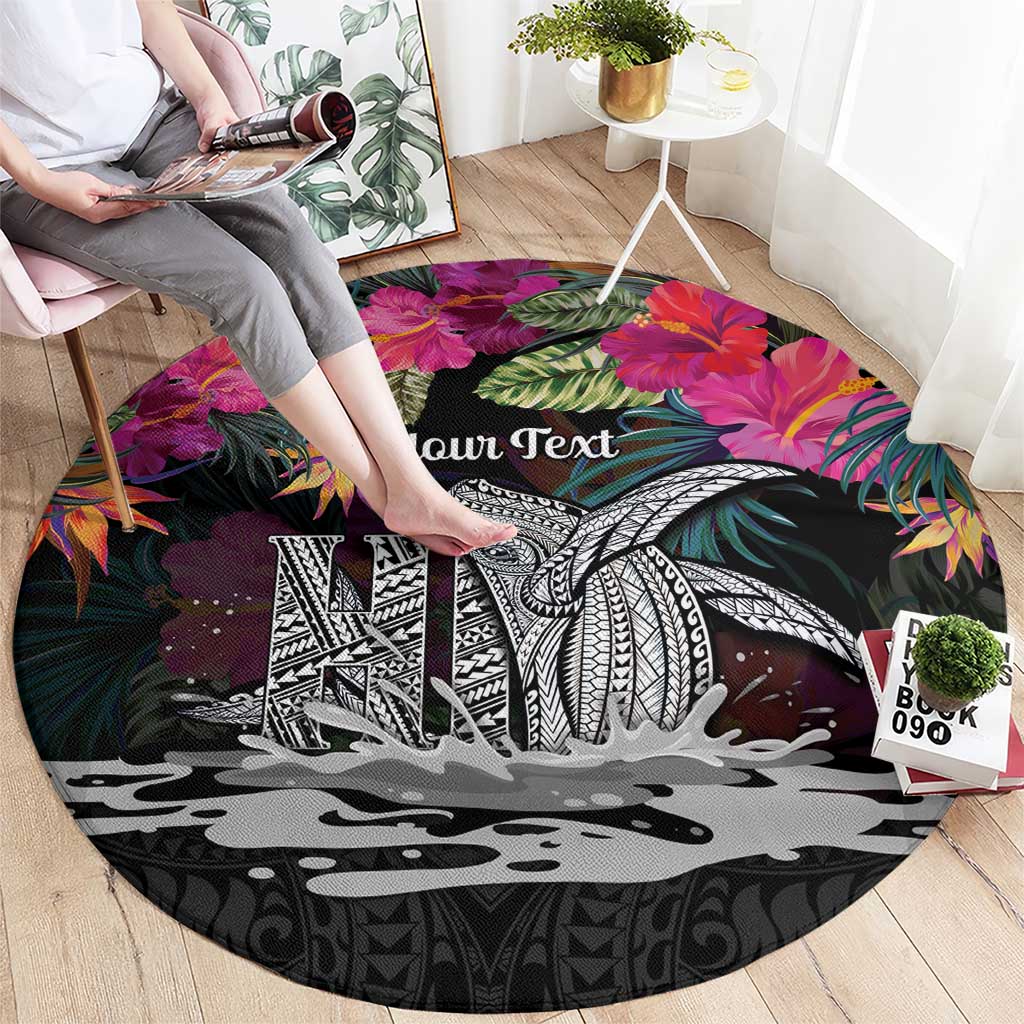 Personalised Hawaii Round Carpet Humpback Whale Tattoo With Tropical Flowers Black LT14 - Polynesian Pride