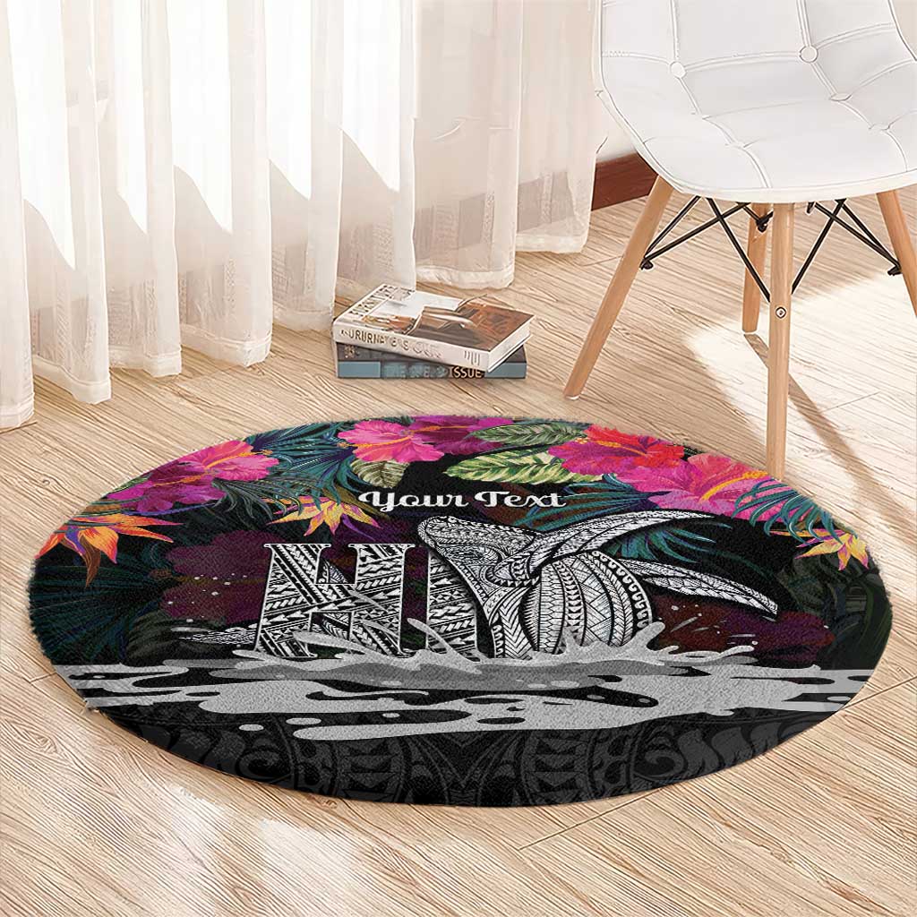 Personalised Hawaii Round Carpet Humpback Whale Tattoo With Tropical Flowers Black LT14 - Polynesian Pride