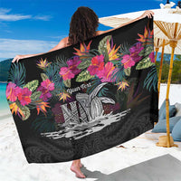 Personalised Hawaii Sarong Humpback Whale Tattoo With Tropical Flowers Black LT14 One Size 44 x 66 inches Black - Polynesian Pride