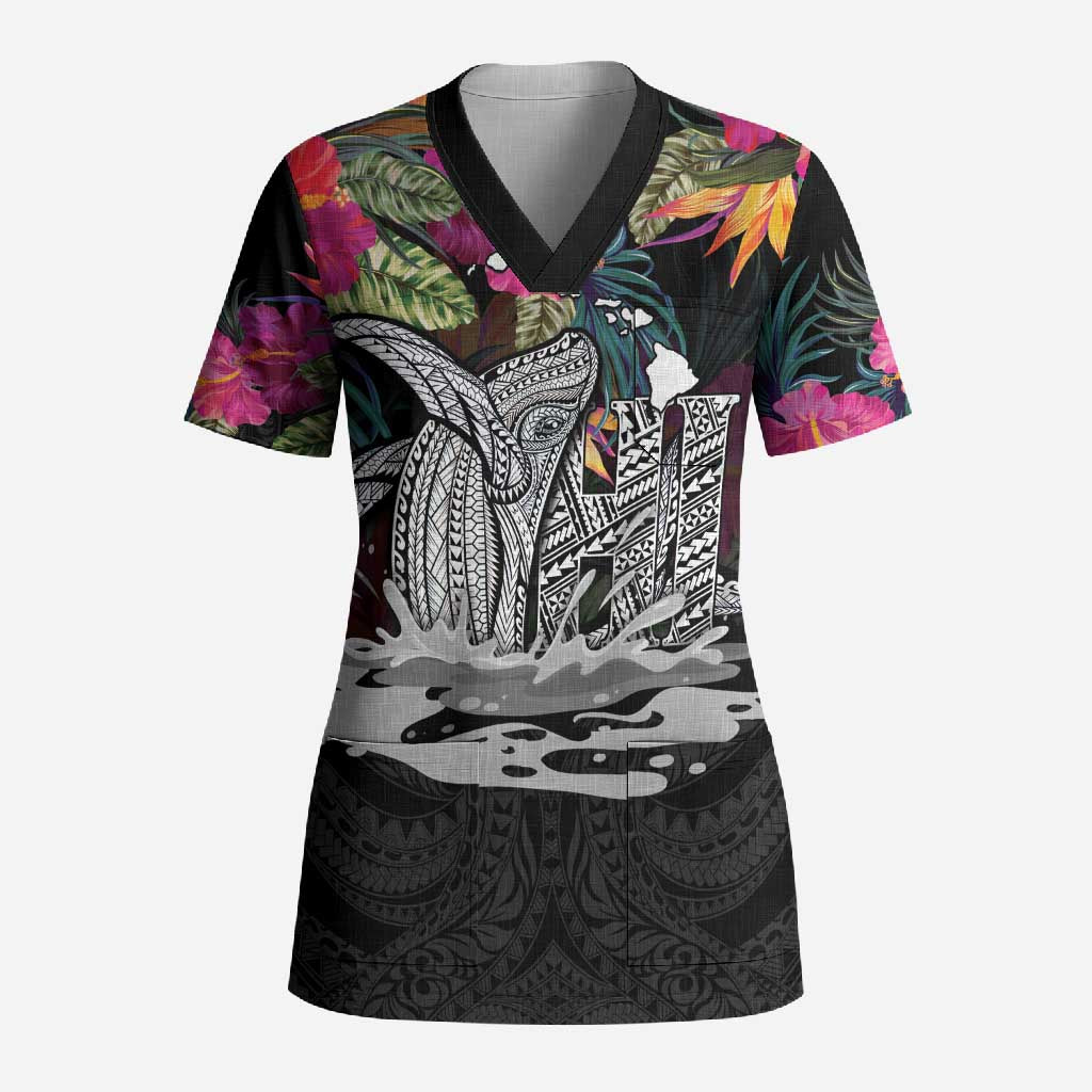Personalised Hawaii Scrub Top Humpback Whale Tattoo With Tropical Flowers Black LT14 Adult Black - Polynesian Pride