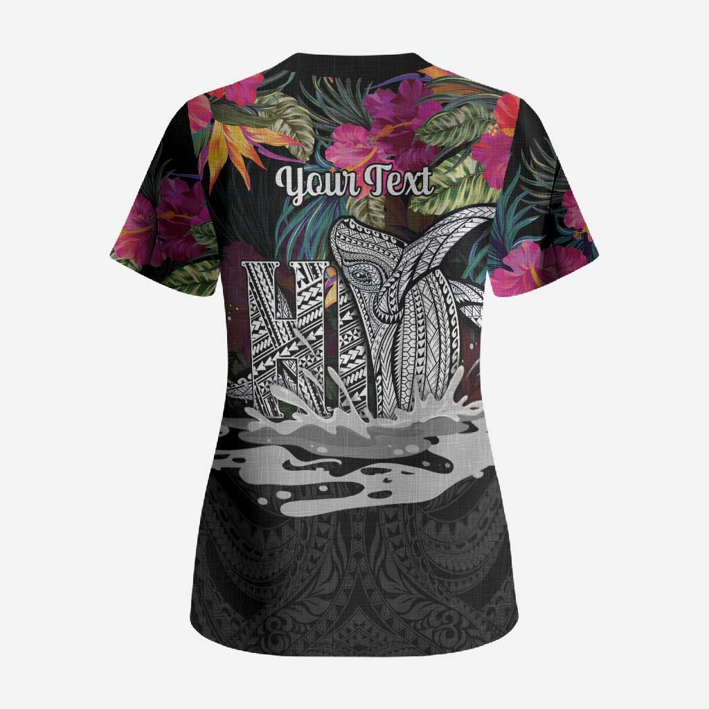 Personalised Hawaii Scrub Top Humpback Whale Tattoo With Tropical Flowers Black LT14 - Polynesian Pride