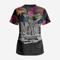 Personalised Hawaii Scrub Top Humpback Whale Tattoo With Tropical Flowers Black LT14 - Polynesian Pride