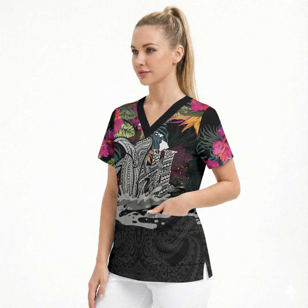 Personalised Hawaii Scrub Top Humpback Whale Tattoo With Tropical Flowers Black LT14 - Polynesian Pride