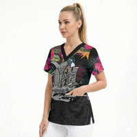Personalised Hawaii Scrub Top Humpback Whale Tattoo With Tropical Flowers Black LT14 - Polynesian Pride