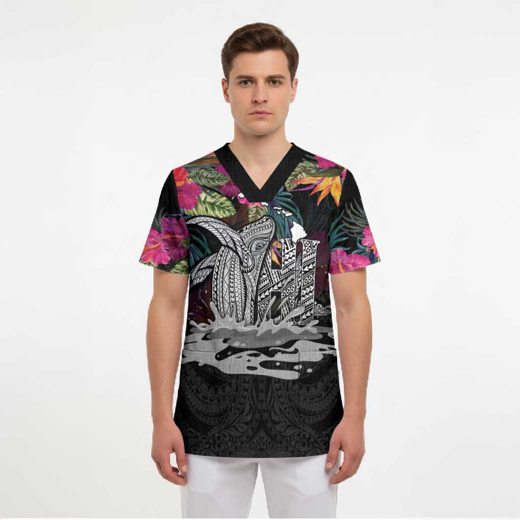 Personalised Hawaii Scrub Top Humpback Whale Tattoo With Tropical Flowers Black LT14 - Polynesian Pride