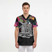 Personalised Hawaii Scrub Top Humpback Whale Tattoo With Tropical Flowers Black LT14 - Polynesian Pride