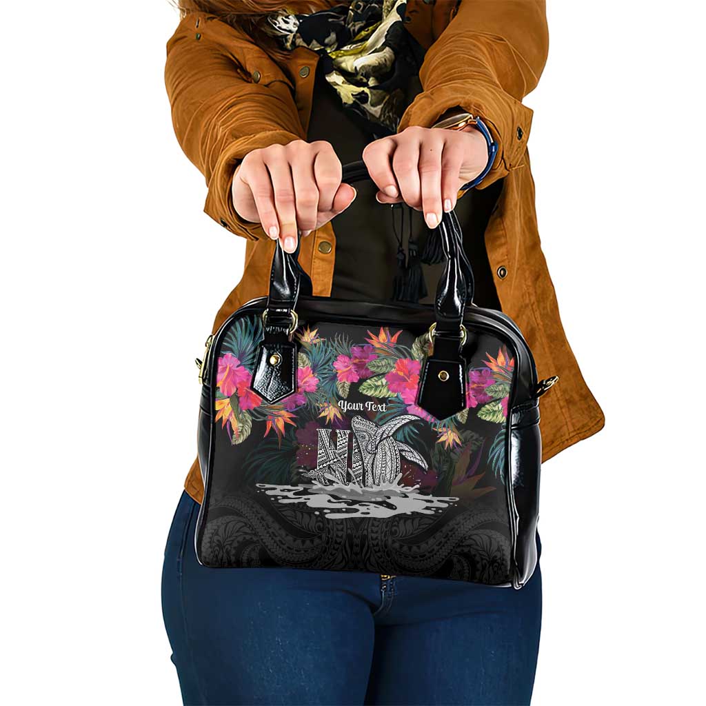 Personalised Hawaii Shoulder Handbag Humpback Whale Tattoo With Tropical Flowers Black LT14 One Size Black - Polynesian Pride