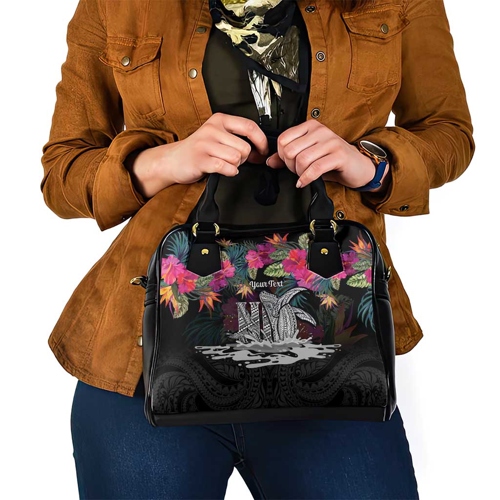 Personalised Hawaii Shoulder Handbag Humpback Whale Tattoo With Tropical Flowers Black LT14 - Polynesian Pride
