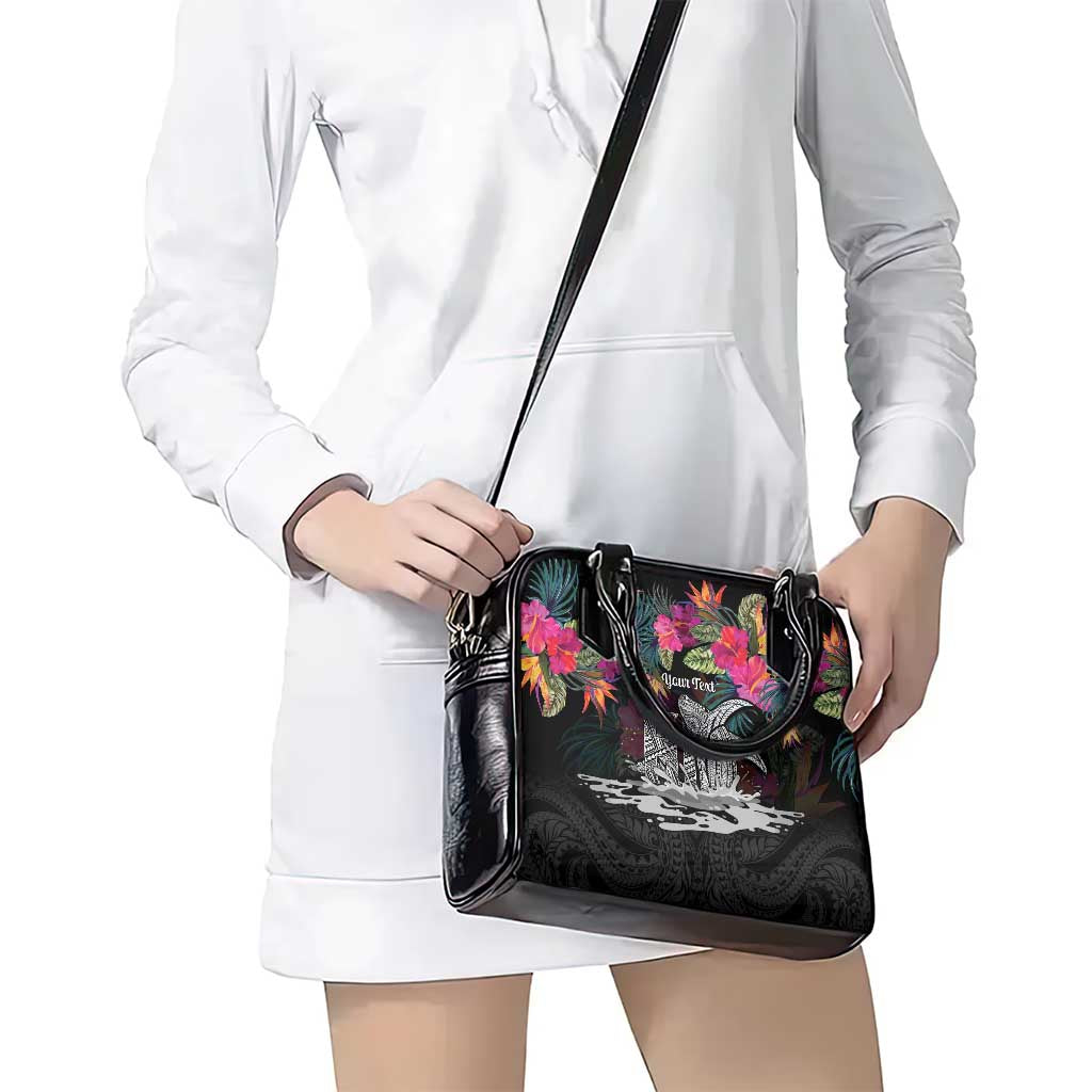 Personalised Hawaii Shoulder Handbag Humpback Whale Tattoo With Tropical Flowers Black LT14 - Polynesian Pride