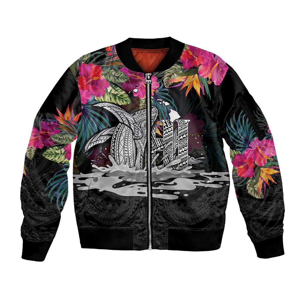 Personalised Hawaii Sleeve Zip Bomber Jacket Humpback Whale Tattoo With Tropical Flowers Black LT14 Unisex Black - Polynesian Pride