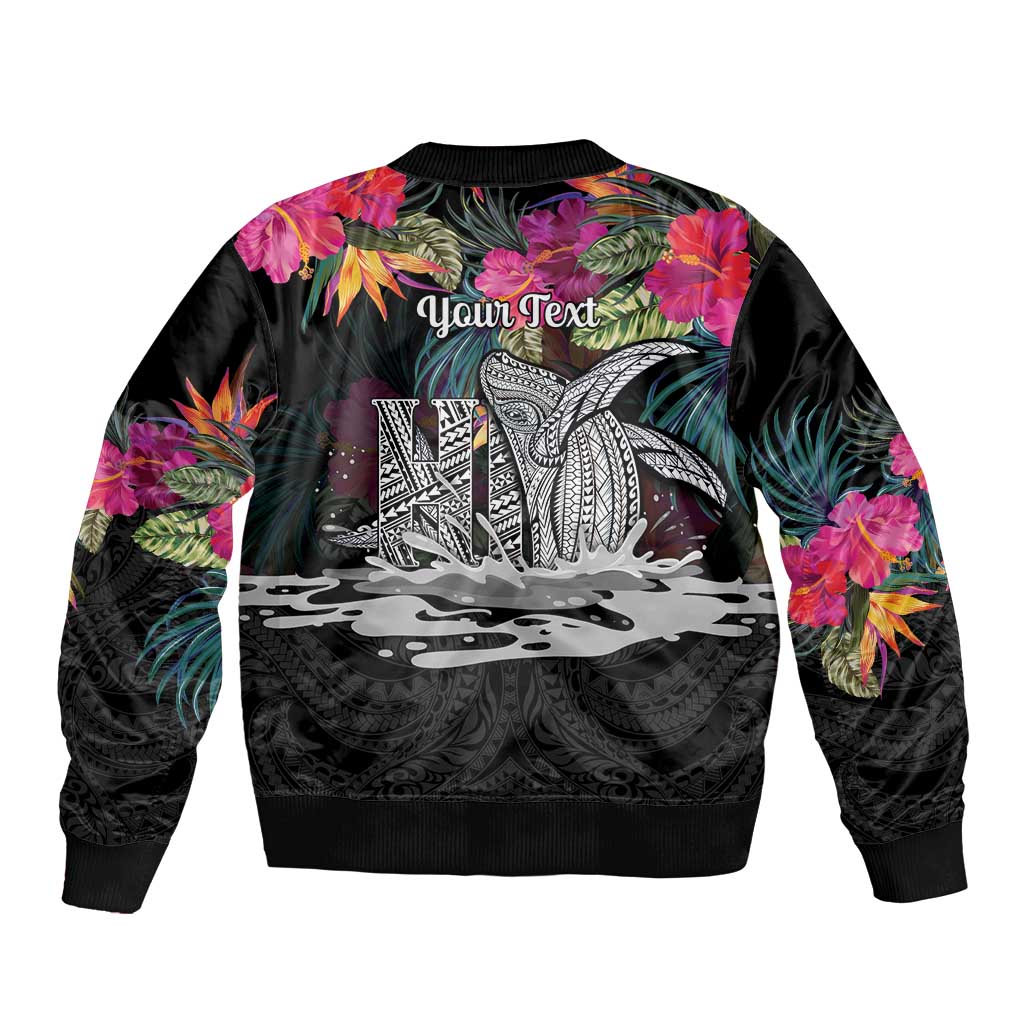 Personalised Hawaii Sleeve Zip Bomber Jacket Humpback Whale Tattoo With Tropical Flowers Black LT14 - Polynesian Pride