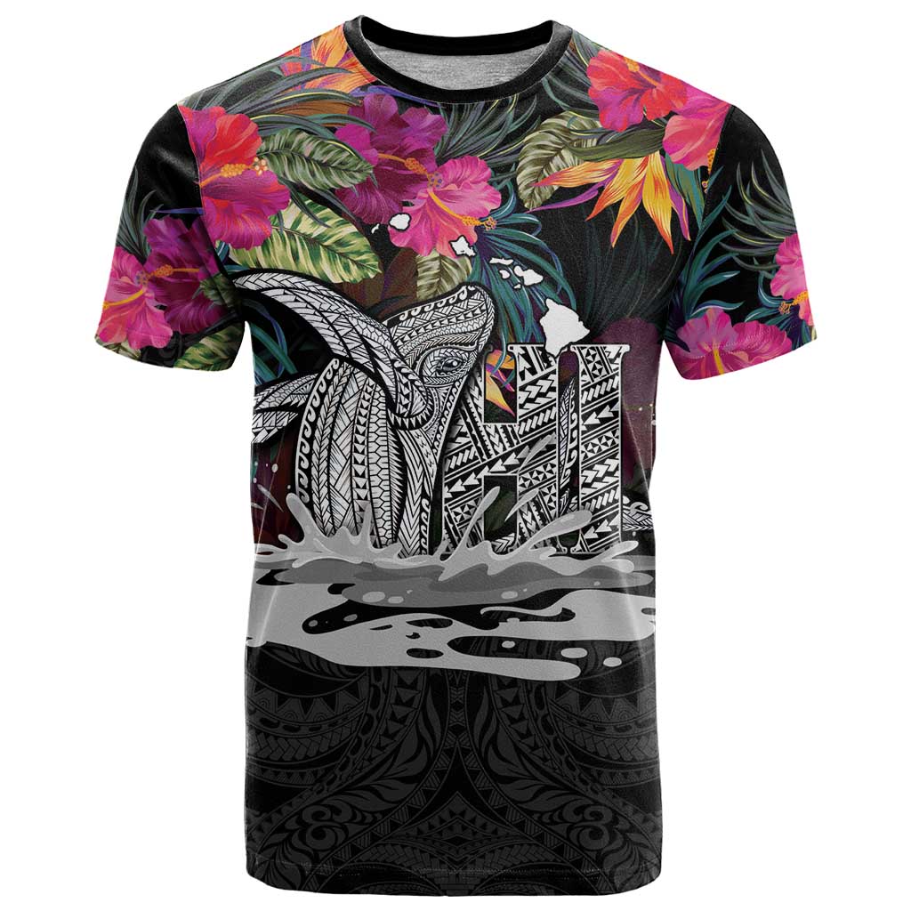 Personalised Hawaii T Shirt Humpback Whale Tattoo With Tropical Flowers Black LT14 Black - Polynesian Pride