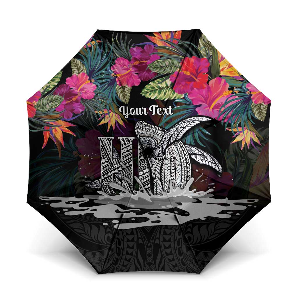 Personalised Hawaii Umbrella Humpback Whale Tattoo With Tropical Flowers Black LT14 One Size Folded 11.42 inch Opened Diameter 37.4 inch Black - Polynesian Pride