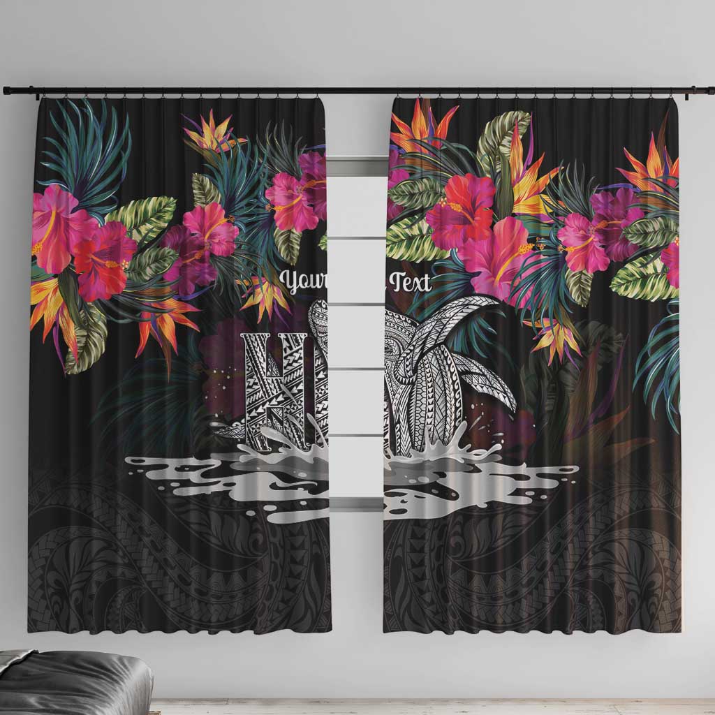 Personalised Hawaii Window Curtain Humpback Whale Tattoo With Tropical Flowers Black LT14 With Hooks Black - Polynesian Pride