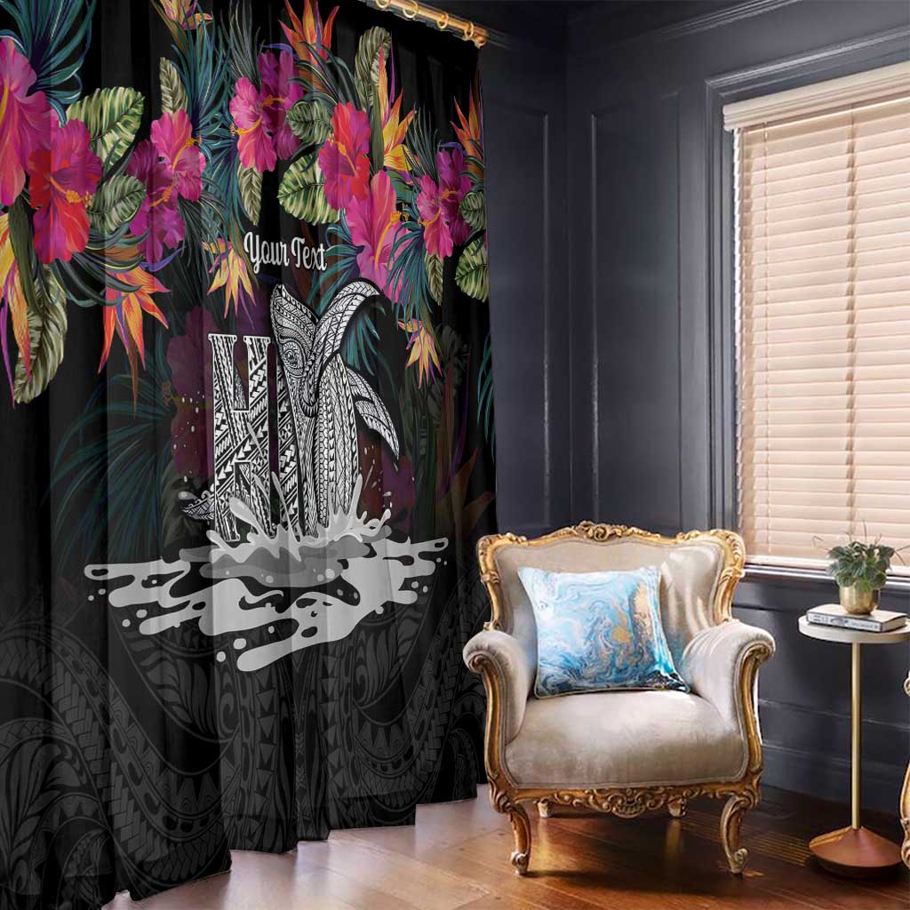 Personalised Hawaii Window Curtain Humpback Whale Tattoo With Tropical Flowers Black LT14 - Polynesian Pride
