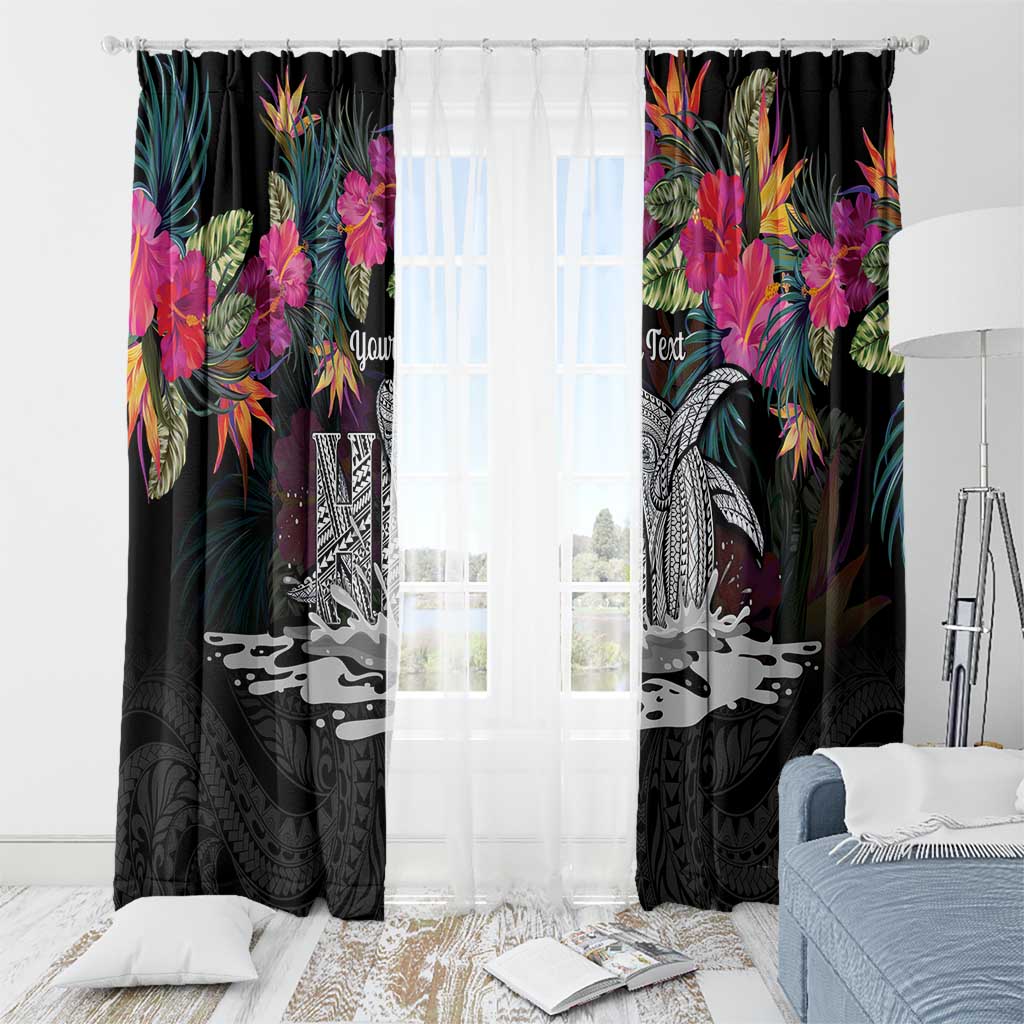 Personalised Hawaii Window Curtain Humpback Whale Tattoo With Tropical Flowers Black LT14 - Polynesian Pride