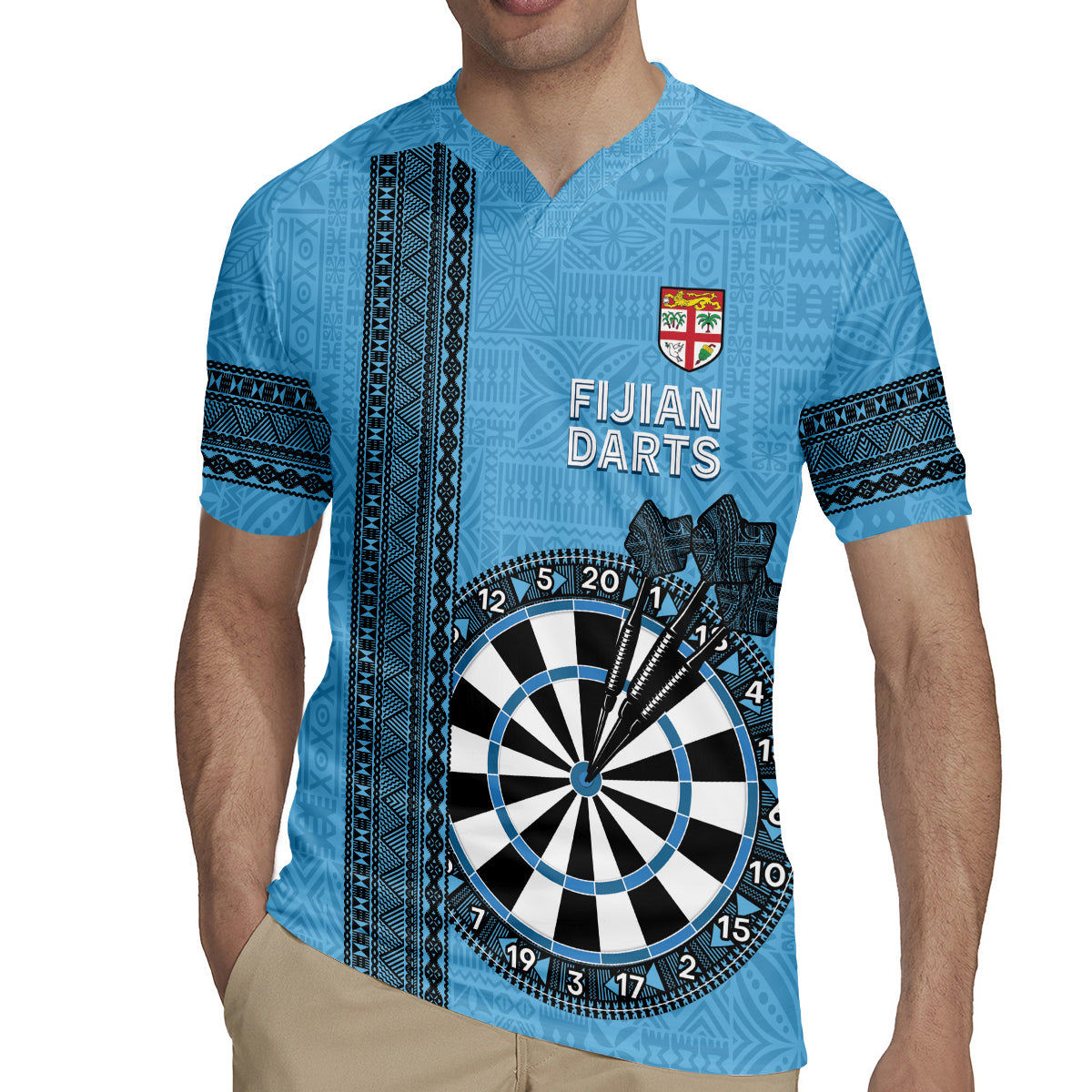 Personalised Fiji Darts Rugby Jersey Fijian Tapa Pattern - Blue LT14 - Polynesian Pride
