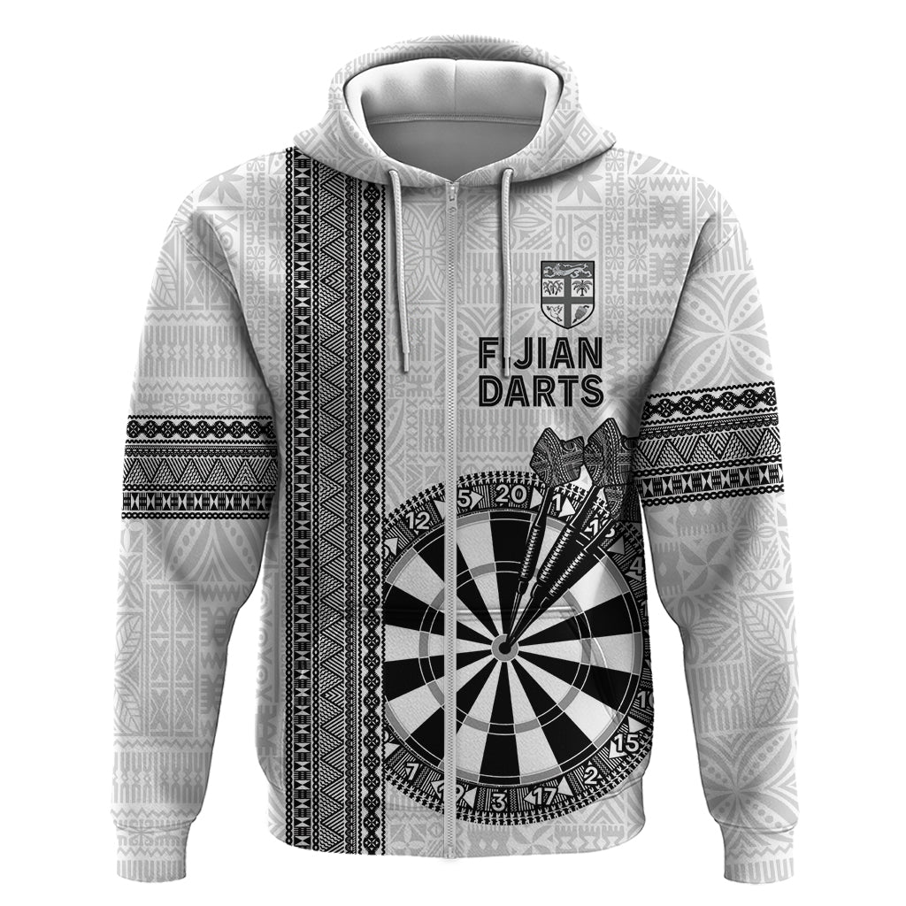 Personalised Fiji Darts Hoodie Fijian Tapa Pattern - White LT14 Zip Hoodie White - Polynesian Pride