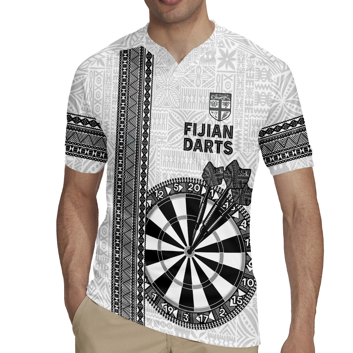 Personalised Fiji Darts Rugby Jersey Fijian Tapa Pattern - White LT14 - Polynesian Pride