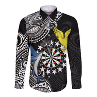 Personalised Cook Islands Darts Long Sleeve Button Shirt Kuki Airani Tribal Pattern LT14 Unisex Black - Polynesian Pride