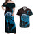 Aloha Hawaii Darts Couples Matching Off Shoulder Maxi Dress and Hawaiian Shirt Dart Board With Polynesian Shark - Blue