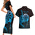 Aloha Hawaii Darts Couples Matching Short Sleeve Bodycon Dress and Hawaiian Shirt Dart Board With Polynesian Shark - Blue