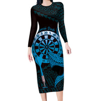 Aloha Hawaii Darts Long Sleeve Bodycon Dress Dart Board With Polynesian Shark - Blue LT14 Long Dress Blue - Polynesian Pride