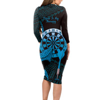 Aloha Hawaii Darts Long Sleeve Bodycon Dress Dart Board With Polynesian Shark - Blue LT14 - Polynesian Pride