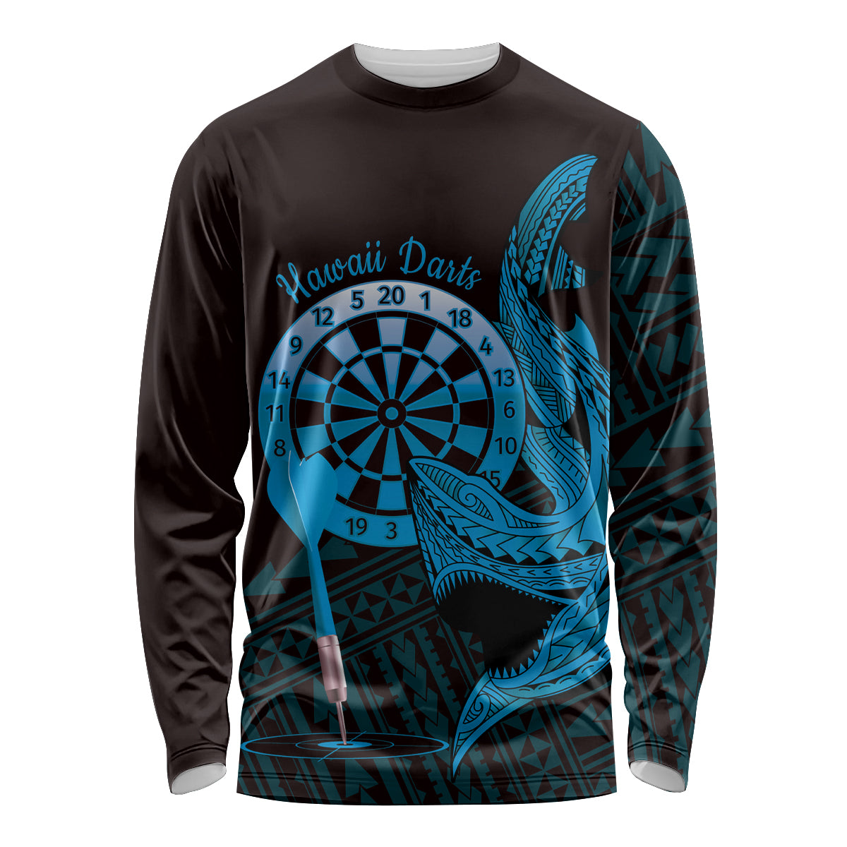 Aloha Hawaii Darts Long Sleeve Shirt Dart Board With Polynesian Shark - Blue LT14 Unisex Blue - Polynesian Pride