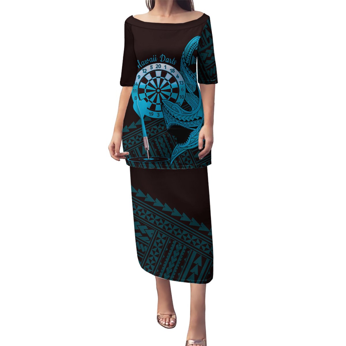 Aloha Hawaii Darts Puletasi Dart Board With Polynesian Shark - Blue LT14 Long Dress Blue - Polynesian Pride