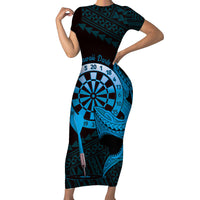 Aloha Hawaii Darts Short Sleeve Bodycon Dress Dart Board With Polynesian Shark - Blue LT14 Long Dress Blue - Polynesian Pride