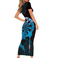 Aloha Hawaii Darts Short Sleeve Bodycon Dress Dart Board With Polynesian Shark - Blue LT14 - Polynesian Pride