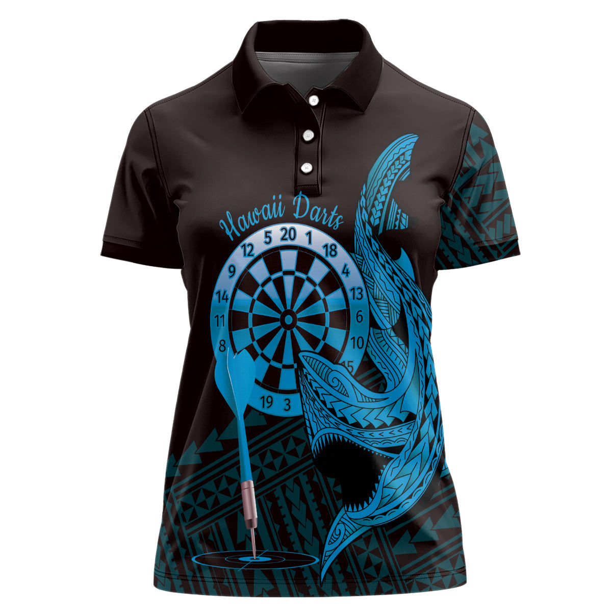 Aloha Hawaii Darts Women Polo Shirt Dart Board With Polynesian Shark - Blue LT14 Female Blue - Polynesian Pride
